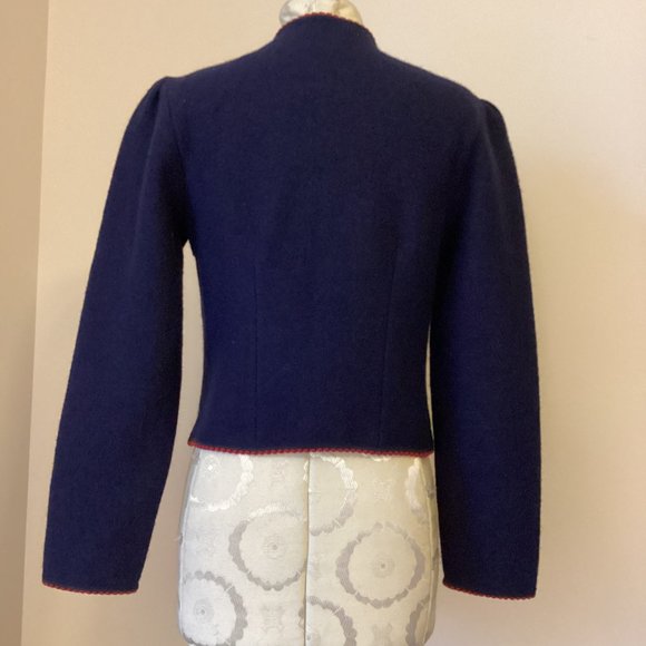 GEIGER Austria Boiled Wool Sweater Jacket Cardigan Navy with Embroidered Trim 38 - Picture 3 of 4